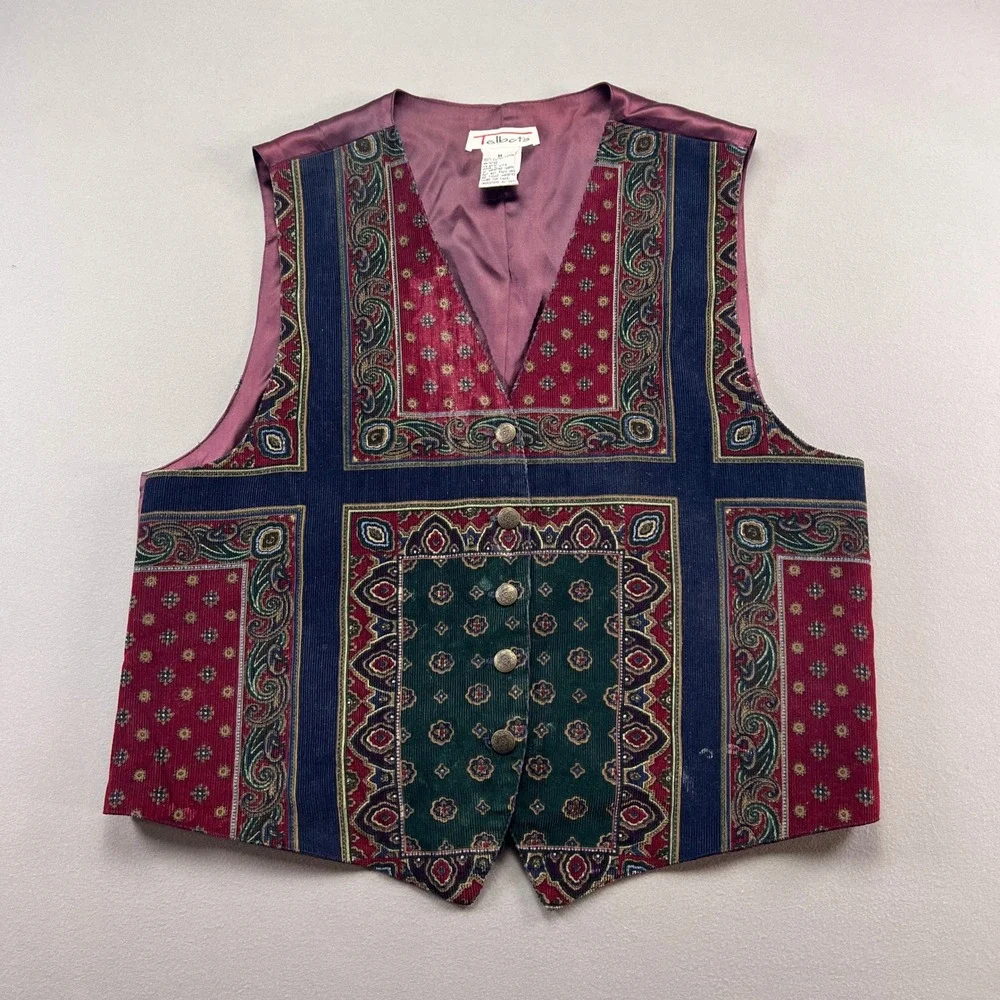 Talbots Waistcoat Vest Womens Medium Multicolor Paisley Tapestry Button Front